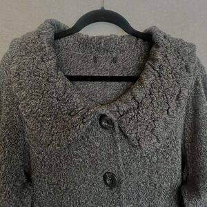 Textured Gray Button Front Sweater Coat Statement Collar, Pockets Design XL